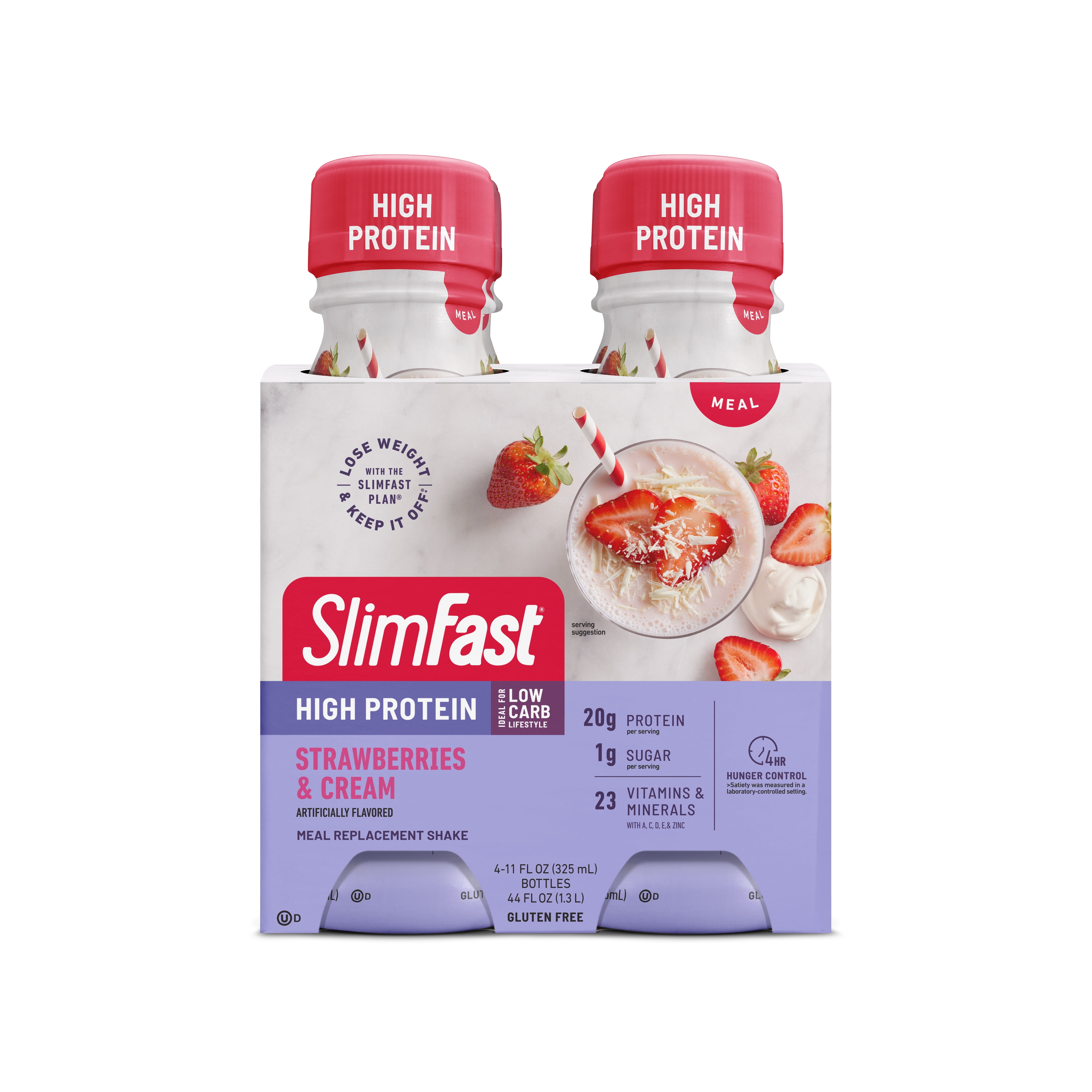 SlimFast High Protein Strawberries & Cream Meal Replacement Shake, 4 Count, 11 fl Oz
