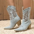 thumbnail image 4 of UngA Womens Leather Cowboy Boots Cowboy Boots for Women - Embroidered Cowgirl Boots Western Mid Calf Fashion Heel Pointed Toe Country Boot Light Blue,5.5, 4 of 7