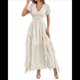 thumbnail image 2 of Vestidos Midi Holgados de Verano para Mujer, Informales, con Escote en V, Volantes, Corta, Dobladillo Irregular, Cintura Alta Albaricoque S, 2 of 7