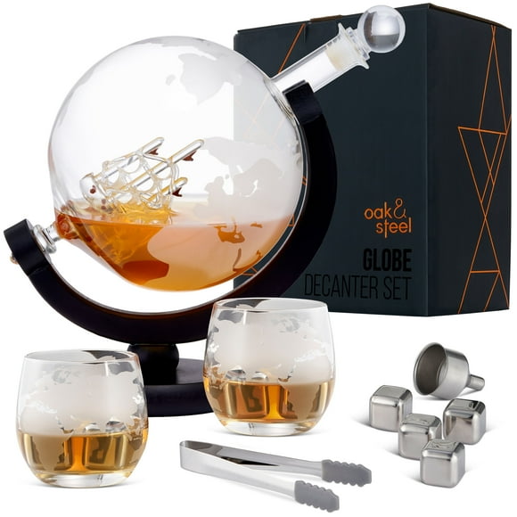 Oak & Steel 53oz World Globe Whiskey Decanter Sets for Men - Wine Decanter Set with Glasses of 2, Whiskey Stones, Ice Tong & Stand for Whiskey, Bourbon, Vodka, Tequila