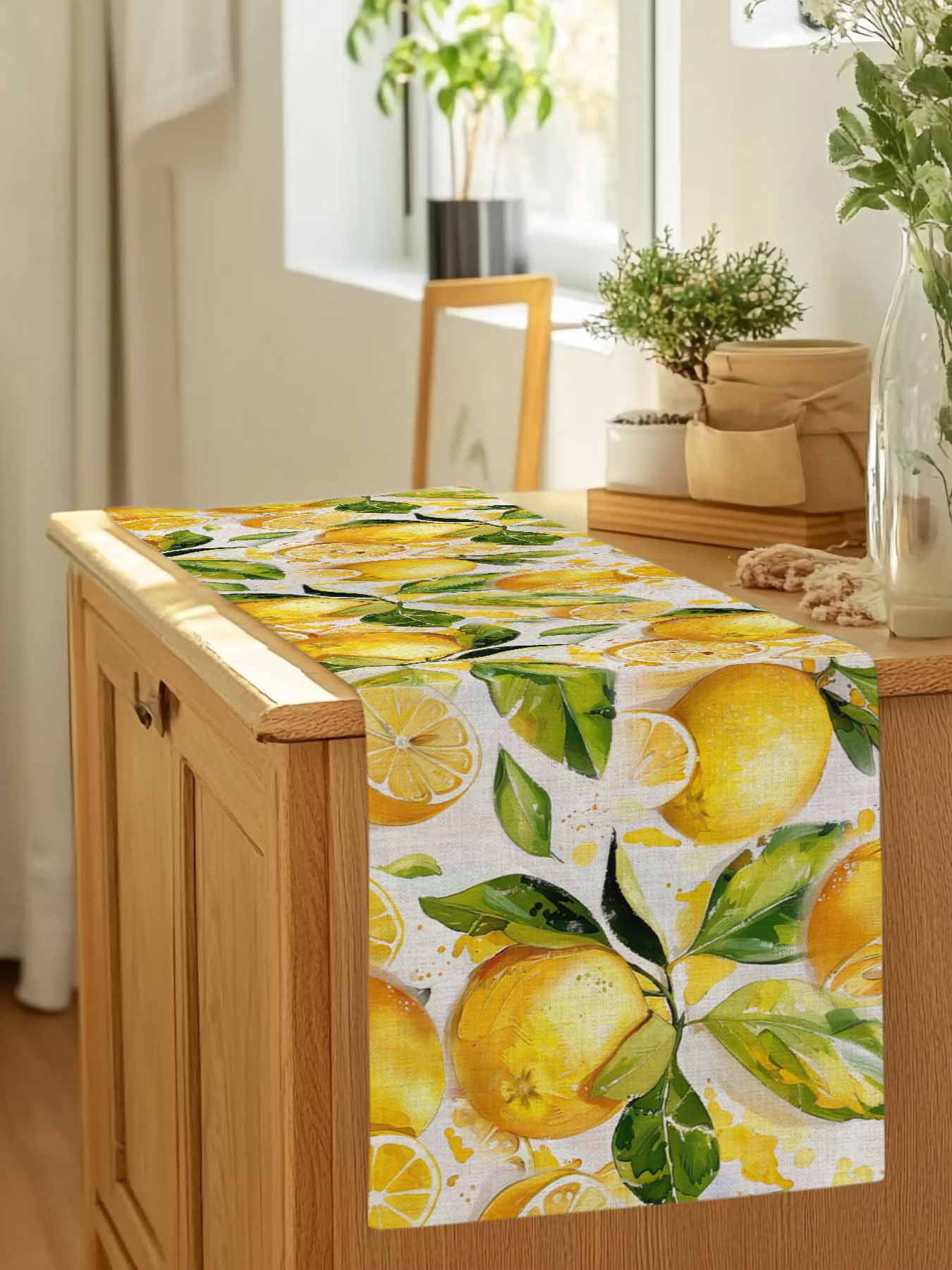 Yellow Lemon Watercolor Leaves Table Runner 90 Inches Long, Farm Fruit Harvest Table Runners Tabletop Scarf Kitchen Dining Tables Decoration for Home Party Indoor Outdoor