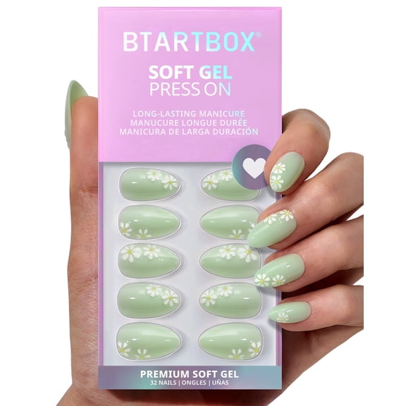 BTArtbox Press On Nails - Meadow Daisy, Short Almond, 2-Week Wear, Easy-to-Apply, 32 Count All-in-One Kit
