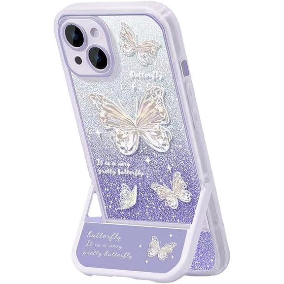Designed for iPhone Case,Luxury Glitter Bling Butterfly Pattern with Kickstand Camera Lens Protection Shockproof Cover Phone Case (iPhone 15,Purple)