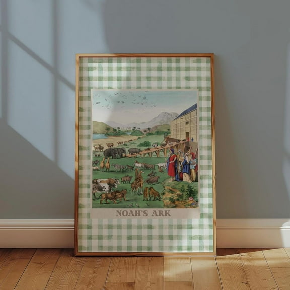 Christian Nursery Print Noah'S Ark Vintage Wall Art Sage Green Boy Room Plaid Cottagecore Rustic Baby Decor Home Decor #530, Unframed Poster Size 8x12