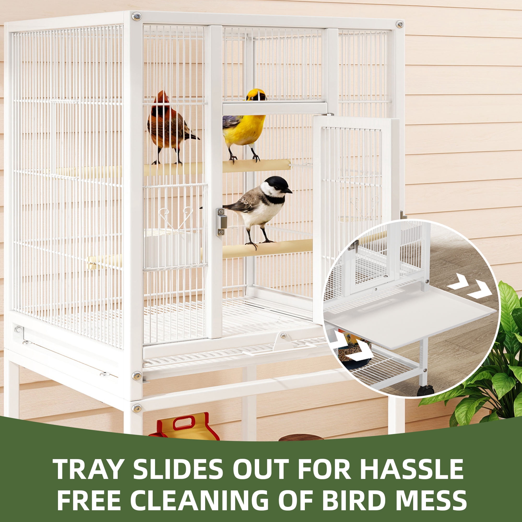 Uforic 41" Metal Birdcage with Rolling Stand and Castor Wheels, Large Parrot Cage with 2 Perches and 2 Feeders, Spacious Storage Tray, White