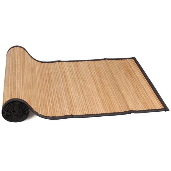 BambooMN Slat Bamboo Table Runner with Fabric Border, Home Décor, Brown w/ Black Border - 1 Piece