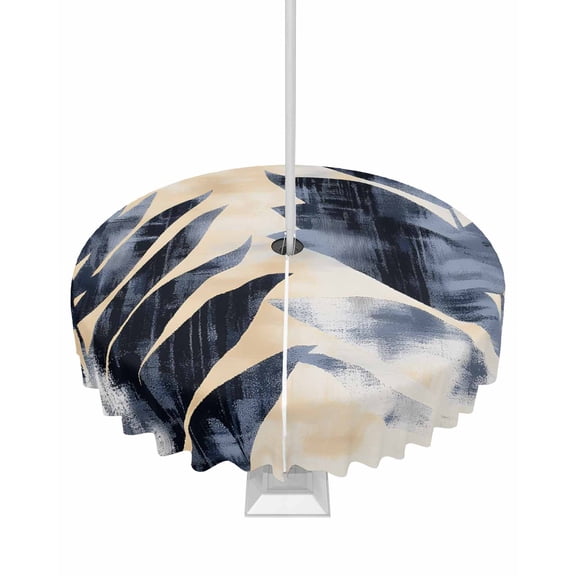 nqOlkjepod Navy Blue Botanical Outdoor Tablecloth with Umbrella Hole & Zipper, Vintage Tropical Palm Leaves Round Table Cover 54 Inch, Dining Waterproof Table Cloth Protector for Patio/Party/Picnic