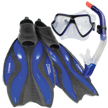 National Geographic Swordfish 2 Set, Hypoallergenic Silicone Mask Skirt with Tempered CE Lens, Semi Dry Snorkel n Adjustable Fin Strap, Packaged in Day Bag with Shoulder Strap, Sz LG 9-11,