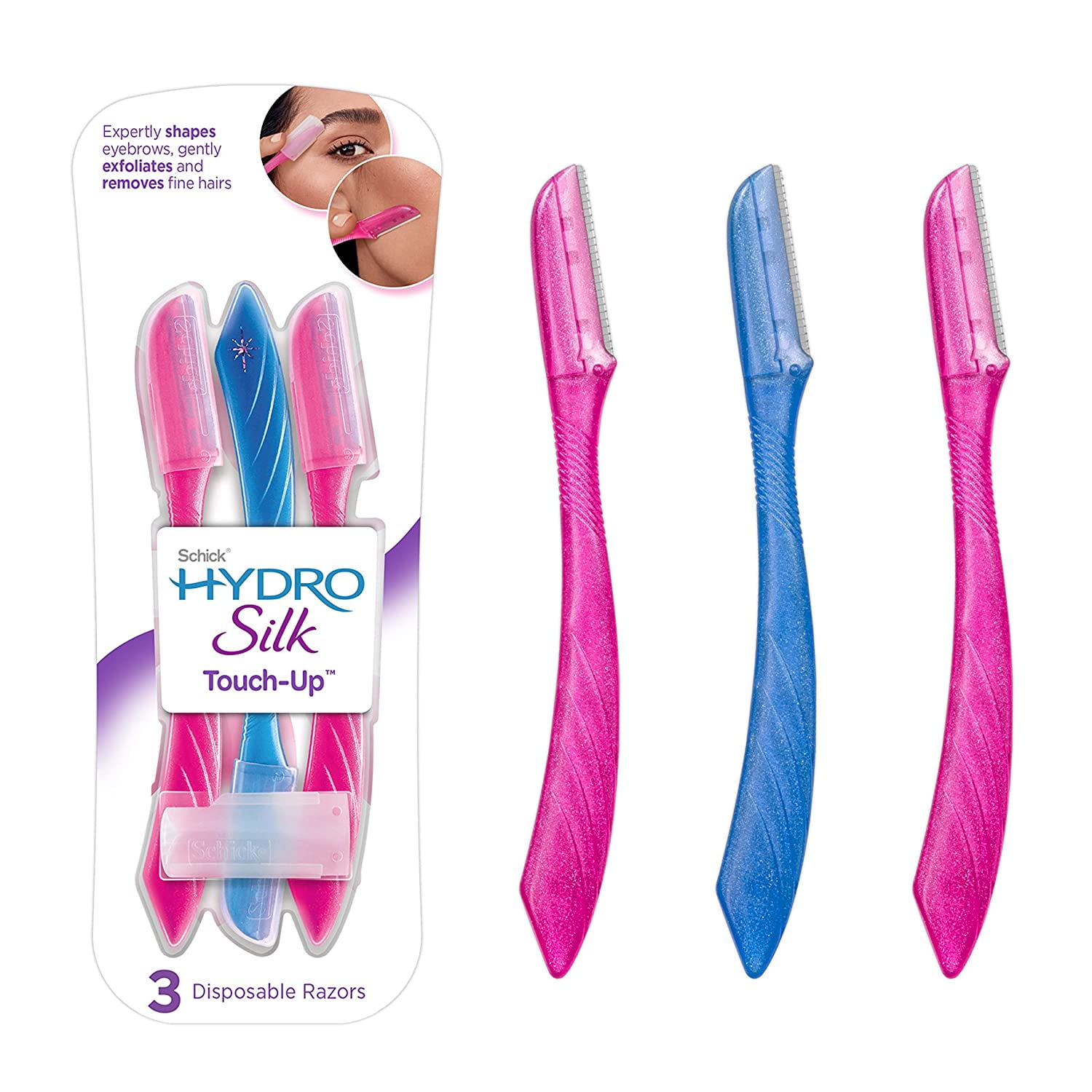 FCPHome 3 Pack Schick Hydro Silk Touch-Up Exfoliating Dermaplaning Tool, Face & Eyebrow Razor with Precision Cover- 9 Count | Dermaplaning Razor for Women