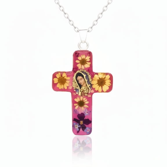 Guadalupe Cross Pendant w/ Pressed Flowers 24"
