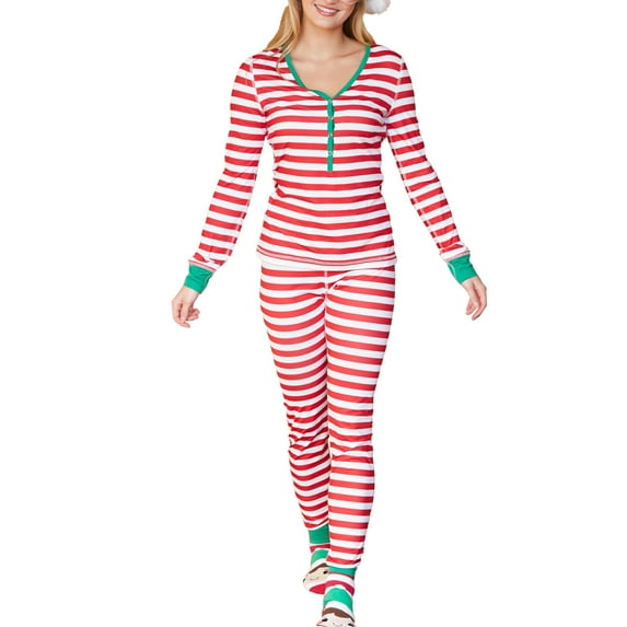 Doublju Women's Long Sleeve Striped Pajama Sleepwear 2 pcs Set (Plus Size Available)