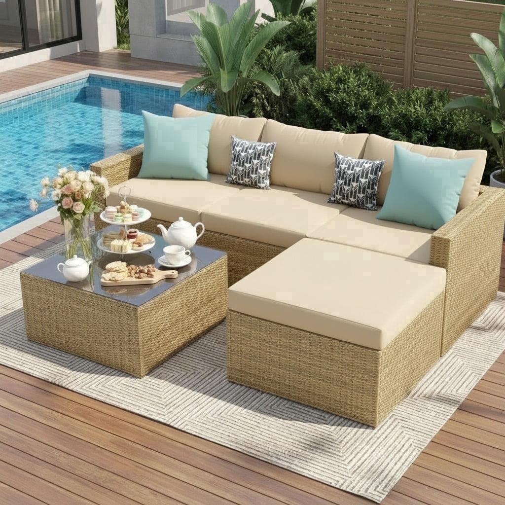 UDPATIO 5-Piece Patio Furniture Set,Outdoor Patio Furniture Set All-Weather Rattan Wicker Patio Conversation Set with Ottoman, Cushions & Glass Table for Garden & Backyard, Cream White