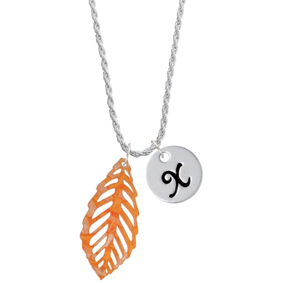 Delight Jewelry Acrylic Large Leaf Pearly Orange Silvertone Script Initial Disc - X - Charm Necklace, 20"+3"