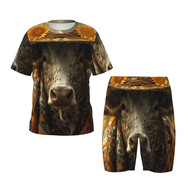 Fotbe Sunflower Cowboy Hat Cow Pijama Estampada de 2 Piezas para Niños – Ropa de Dormir de Manga Corta Cómoda para Niños y Niñas, Camiseta y Shorts de Algodón-Large