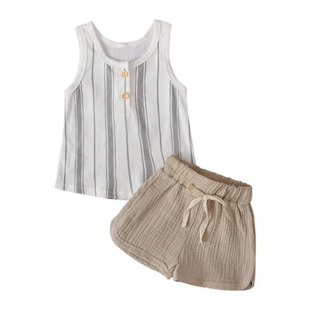 

Jerdar Summer Clothes Set for Kids Two-piece SetToddler Baby Boys Striped Vest Button Top + Shorts White 2-3 Years