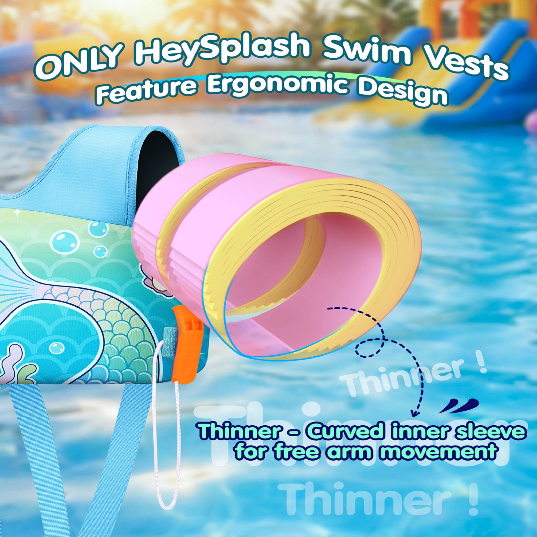 HeySplash Swim Vest For Kid,Arm Floaties with Adjustable Strap Fit 22-30 Lbs,Pool Sea Swimming Aid,Blue Fishtail
