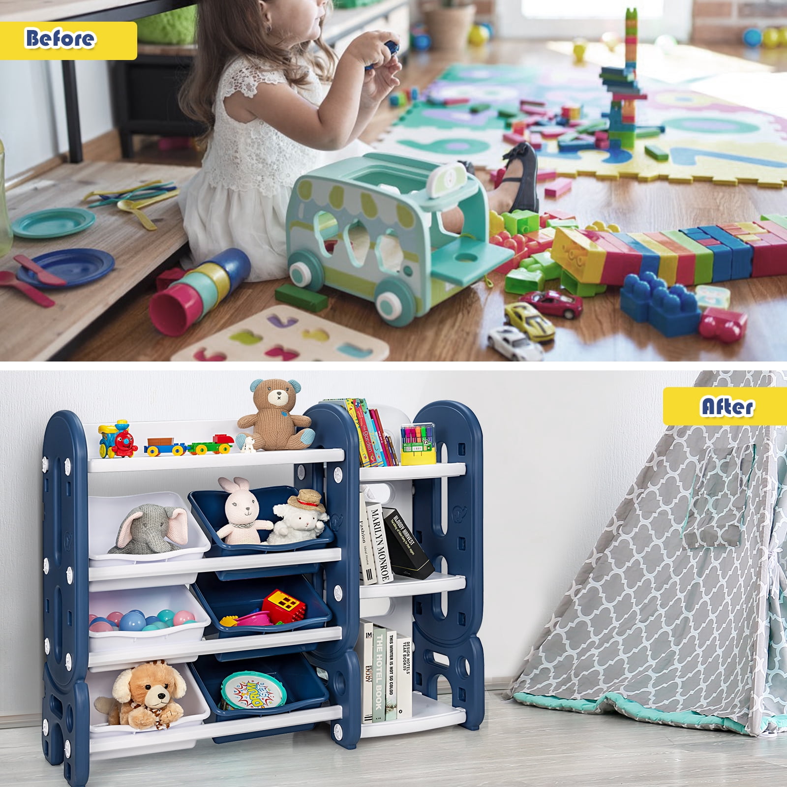 Infans Kids Toy Storage Organizer w/ Bins & Multi-Layer Shelf for Bedroom Playroom Blue