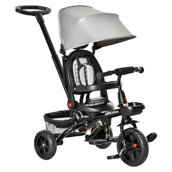 Tricycle, 4 in 1 Foldable Trike with Reversible Seat, Adjustable Parent Handle, Safety Harness, Wheel Brakes, Removable Canopy, Storage, Tricycle for Toddlers 1-5 Years, Gray