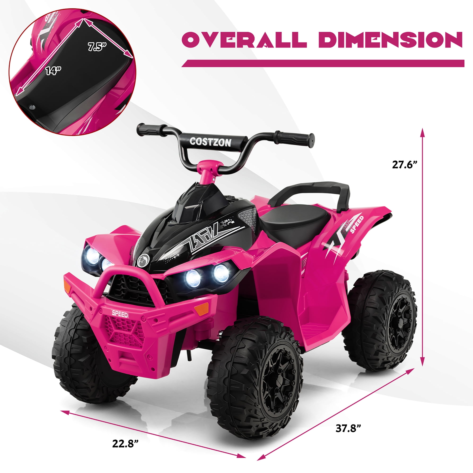 Costway 12V Battery Powered Kids Ride On ATV Electric 4-Wheeler Quad Car with  MP3 & Light Pink