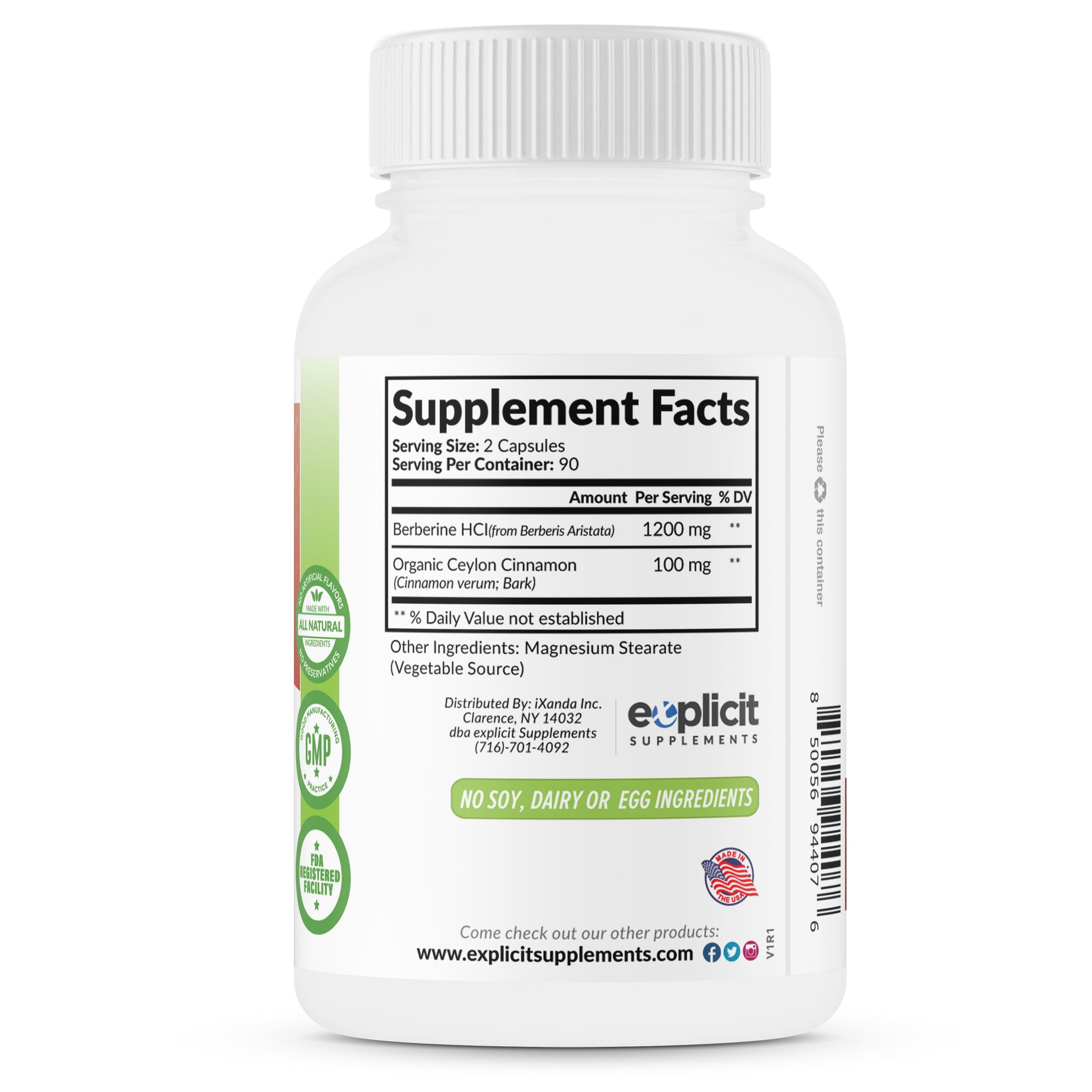 eXplicit Supplements Premium Berberine & Ceylon Cinnamon Supplement, 180 Capsules