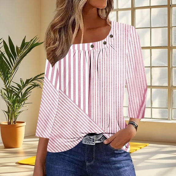 Womens Tops Plus Size 3/4 Sleeved Slanted Collar Square Collar Buttons Blouse Printed Casual T-shirt Pink M