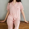 thumbnail image 3 of Xfvqtps Womens Pajama Set 2 PCS Top and Pants Love Print Lace Short Sleeve Long Leg Flip Collar Open Front with Button Cozy Comfortable Soft House Casual Nightwear Pink, 3 of 9