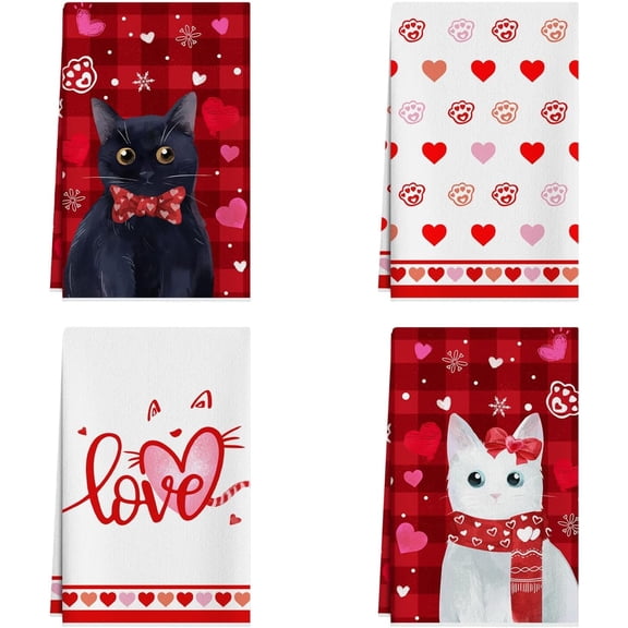 Love Hearts Watercolor Cats Valentine's Day Kitchen Towels Dish Towels 18x26 Inch Home Kitchen Decorations Hand Towels Set of 4 Drying Dishcloth