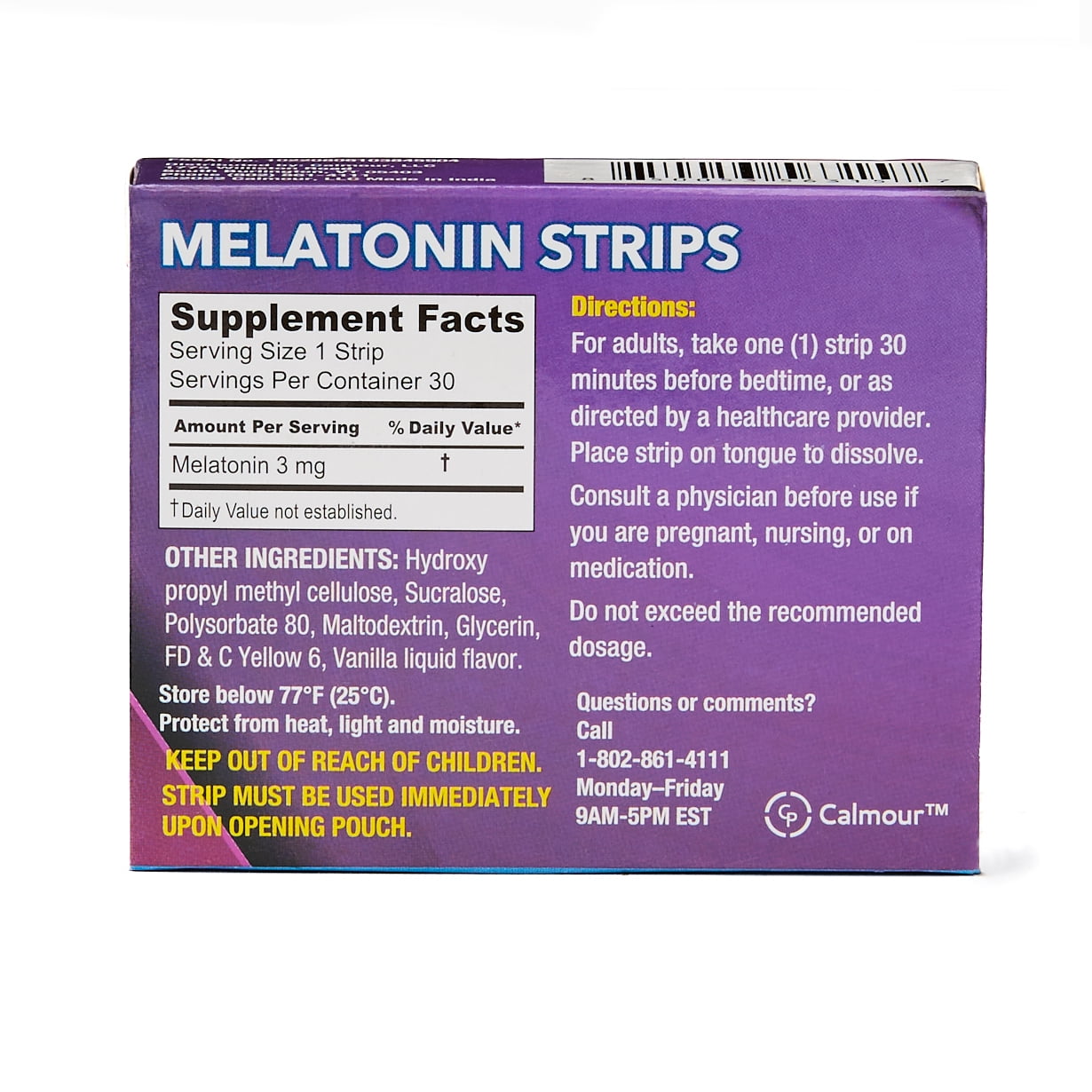 Calmour Melatonin 3 mg Oral Dissolving Strips, box of 30 strips