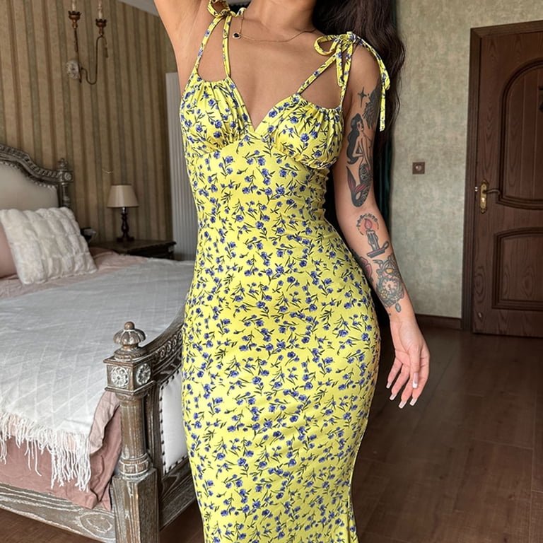 yellow bodycon dress outfit Unir Casual Floral Long Dress, Spaghetti Strap Ruched Midi Dress, Summer Beach Vacation Outfit, 1 Piece, S-L Sweetheart Neckline Sleeves is_limited_edition:false How Much Do Wedding Size:10R (Womens | No Liner)