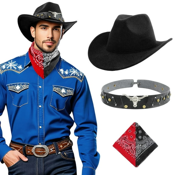 WoWstyle Cowboy Hat & Bandana Set for Men Women Cowgirl Hat with Adjustable Leather Hat Band Western Cattleman Cow Boy Rodeo Outfit(Black)