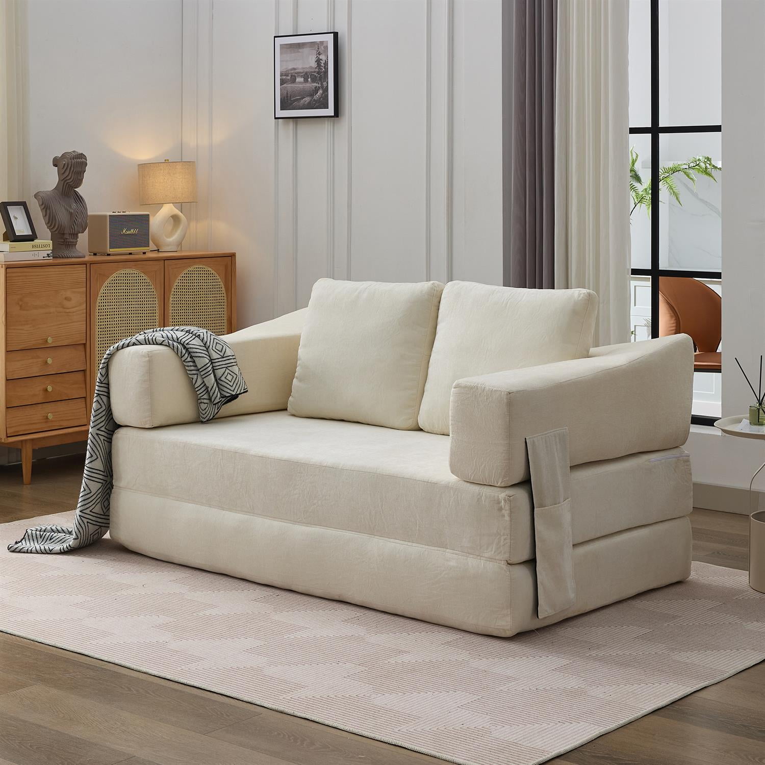 Demi Bonn 70" Modern Minimalist Convertible Sofa Bed, Fold-Out Sofa Chair, Versatile Floor Couch & Mattress for Living Room, Bedroom, Apartment, Removable Backrest, White