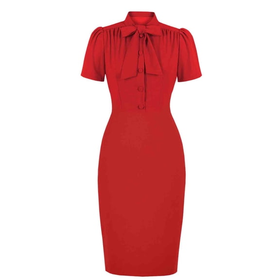 Blmnix Wedding Guest Dress Bodycon Formal Dresses Button Down Skirt Short Sleeve Red Tie Neck Winter Dress,M