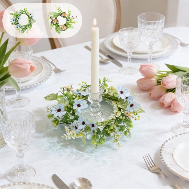 Corona de velas de PascuaCentro de mesa colgante de puertas con flores artificiales de primavera, follaje de plástico, flor azul rosa, 13,8 pulgadas, decoración para fiestas en casa