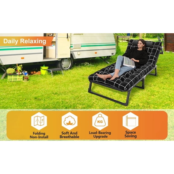 Camping Cot, Adjustable 4-Position Adults Reclining Folding Chaise with Pillow, Outdoor Lounge Chair Sleeping Cot Bed, Perfect for Office, Pool, Beach, Patio Lanzxjv