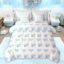 Feelyou Blue Love Heart Bedding Comforter Set 7 Pieces for Child, Cute Ribbon Bowknot Full Bedding Set, Dreamy Princess Bow Reversible Fitted Sheet Flat Sheet, Super Cozy Room Decor