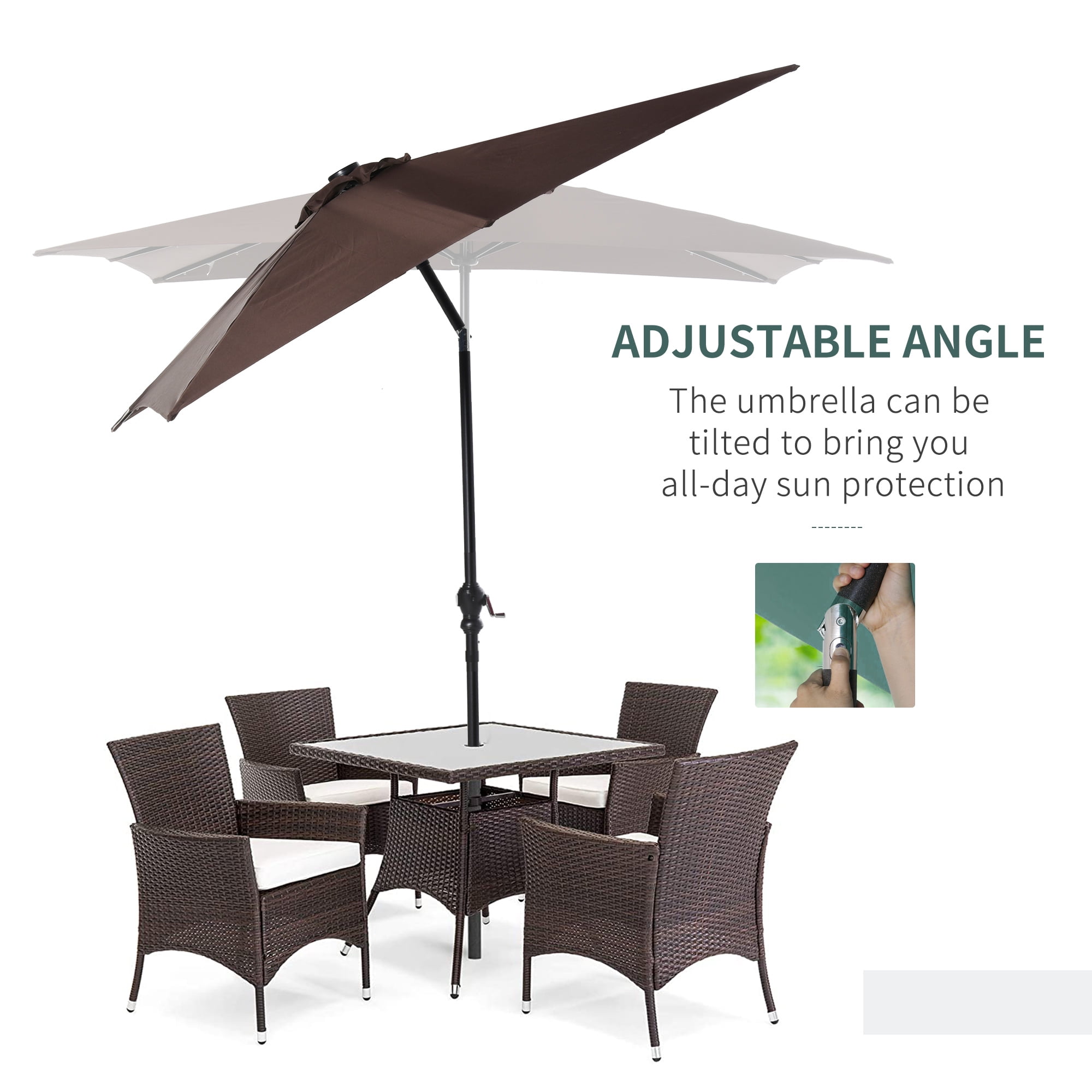 Homiyad 9' x 7' Patio Umbrella Outdoor Table Market Umbrella with Crank, Solar LED Lights, 45° Tilt, Push-Button Operation, for Deck, Pool, Brown