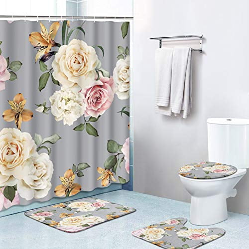 Details about   Abstract Pink Swirl Shower Curtain Toilet Cover Rug Mat Contour Rug Set 