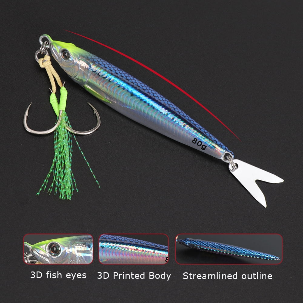 2PC Luminous Fishing Lures Jigs 40g/60g/80g Jigging Baits with Spoon and Hooks