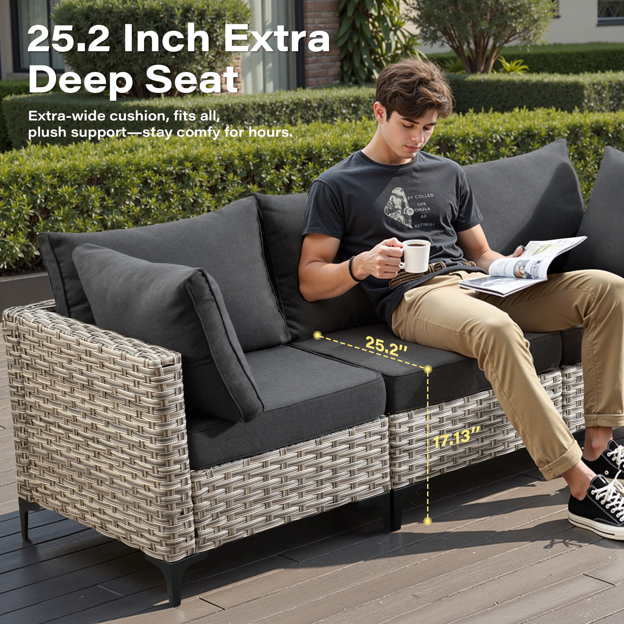 Toject 9 Pieces Patio Furniture Set All Weather Wicker Outdoor Conversation Set with 42" Fire Pit Outside Furniture Patio Sofa with Swivel Chairs & Solar Table, Black