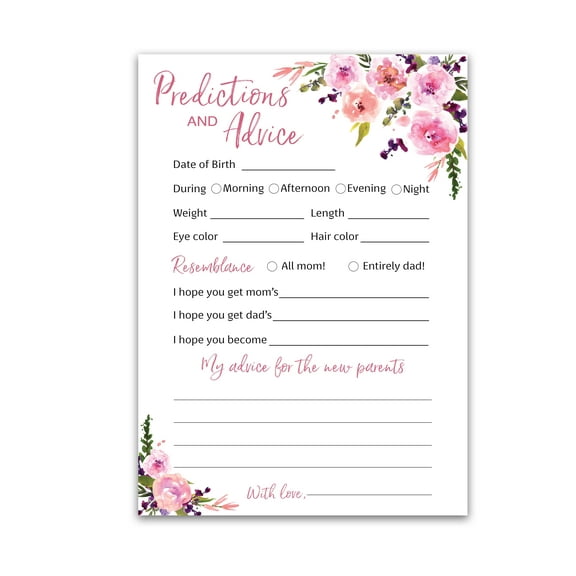 PINK FLORAL Prediction and Advice Cards for Girls - Pack of 25 - Pink Girl Baby Shower Games, Wishes for New Parents, Mom & Dad to be, Mommy and Daddy Message, Game Activity Keepsake Book G140-PDAV
