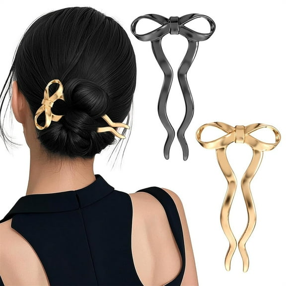 Tutuviw 3 Pcs Women's Bow French Hair Pin,Vintage French Twist Hair Pin,Metal U-Shaped Wavy Hair Fork for Women Long Thick Hair,Hair Styling Accessories for Chignon(Gold/Black/Silver)