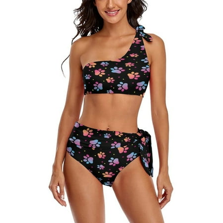 Gradient Color Dog Paws On Black Background One Shoulder Bowknot Swimsuit Two Piece Swimsuit Knot Crop Top Bikini High Waisted Bathing Suit