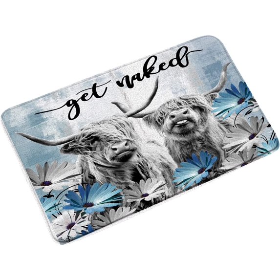 Highland Cow Bath Mat Get Naked Daisy Farmhouse Bull Longhorn Rustic Flower Floral Spring Western Cattle Funny Quote Blue Bathroom Rug Kitchen Toilet Door Rugs Memory Foam 16x24 Inch