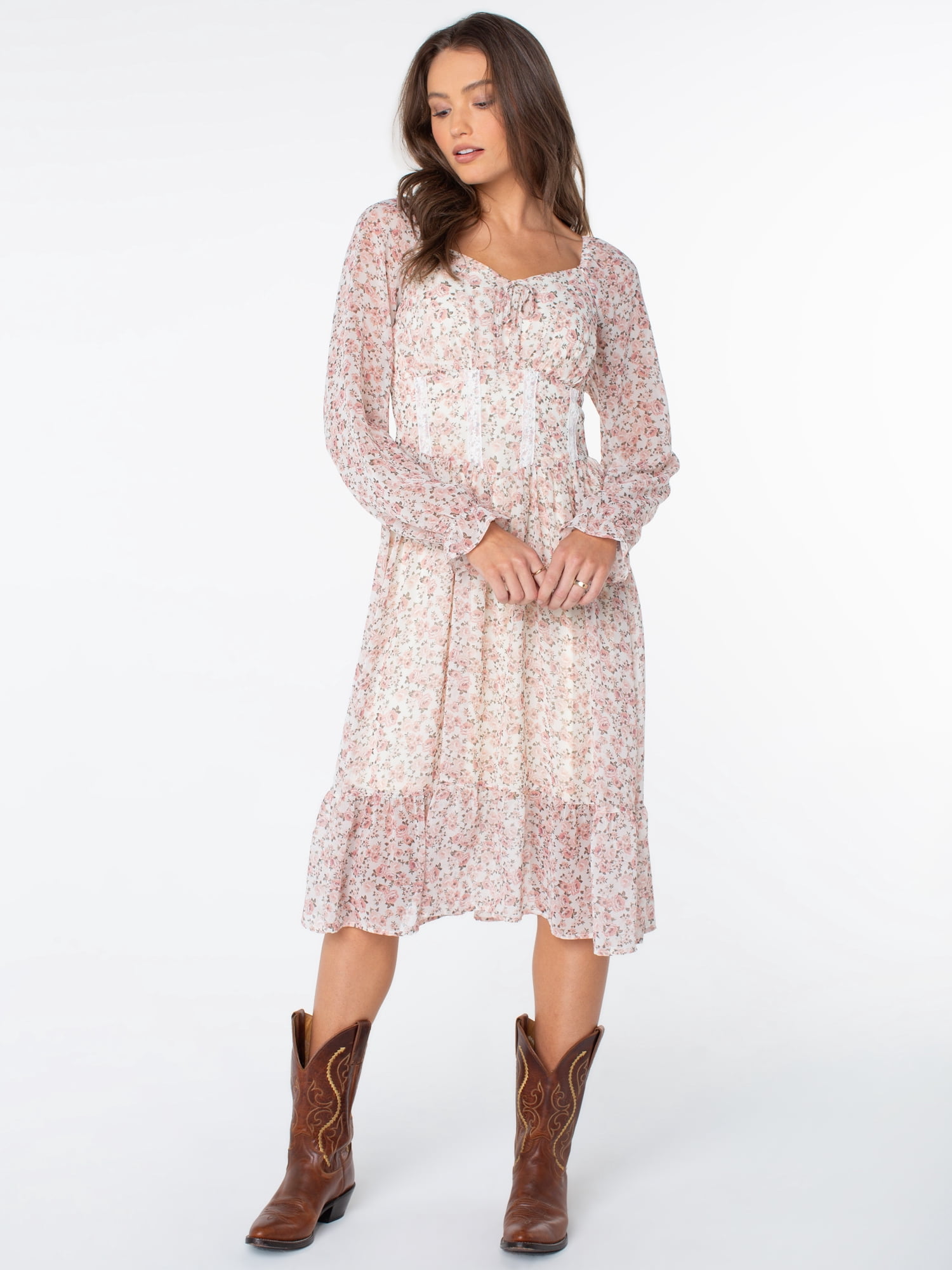 Celebrity Pink Women's Long Sleeve Basque Waist Midi Dress, Sizes XS-XXXL
