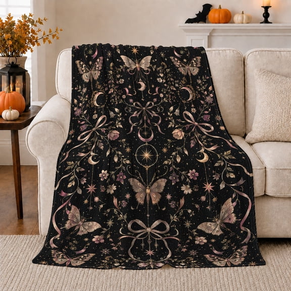 Enchanting Lunar Moth Celestial Garden, Festive autumn celebration Scene, Warm Flannel Blanket for Living Room and Family Room, Art Lovers autumn celebration Gift, Festive Home Decor