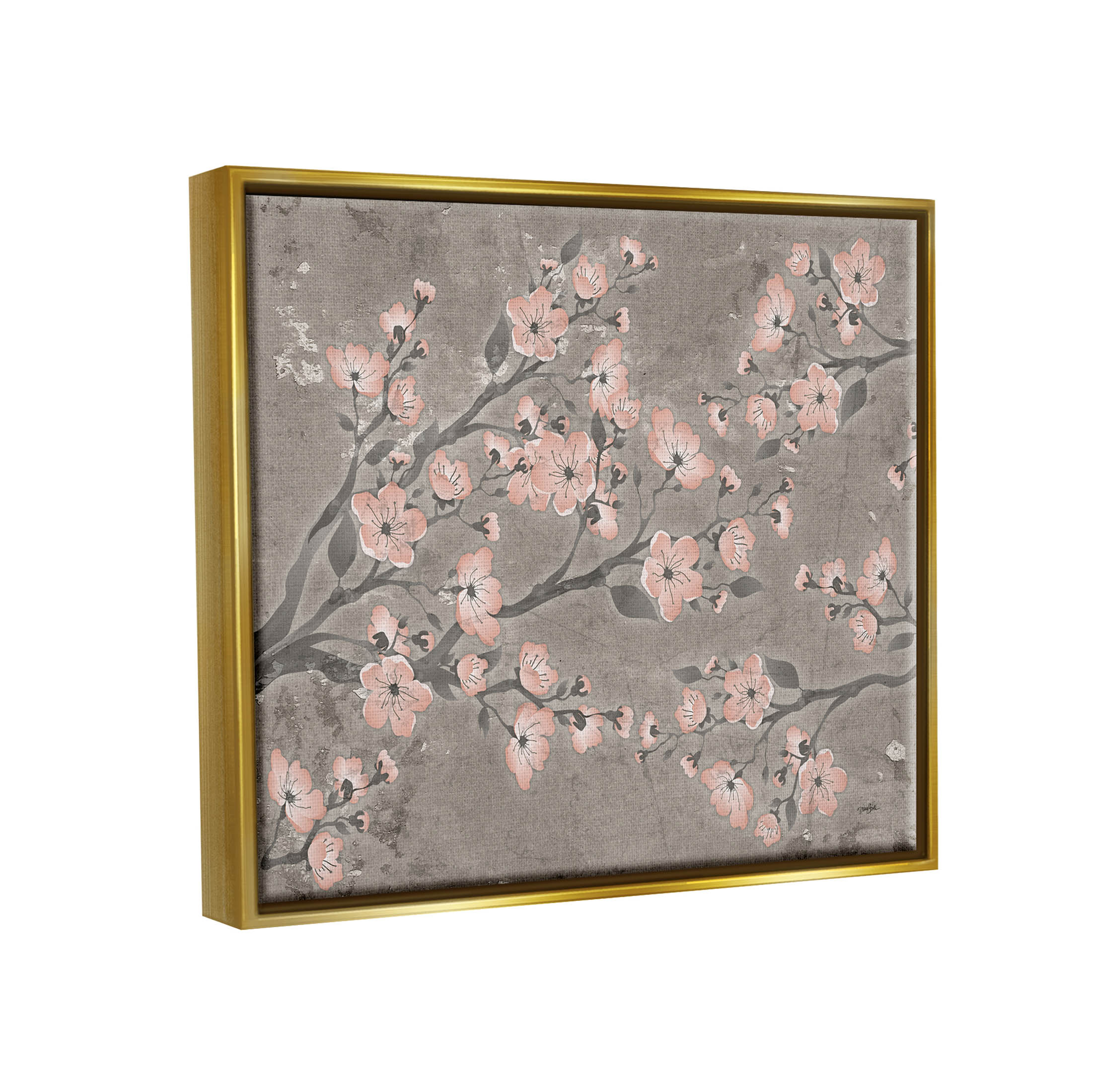 Stupell Industries Cherry Blossom Pattern Composition Graphic Art Metallic Gold Floating Framed Canvas Print Wall Art, Design by Diane Stimson