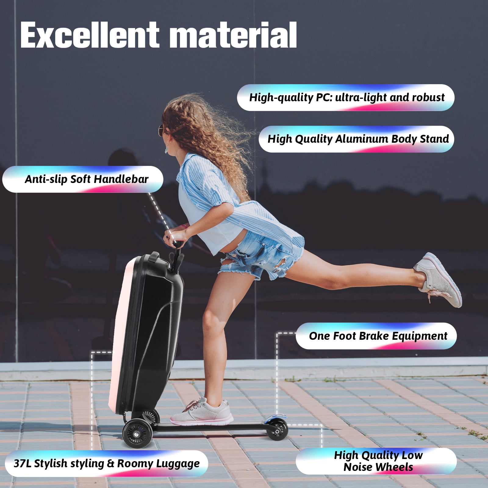 Advwin Scooter Luggage for Kids & Adults, Hardside Ride on Suitcase for Kids Ages 4-15 Multifunctional Lightweight Foldable Carry on Luggage with Wheels Ride on for Children Teenagers, Pink