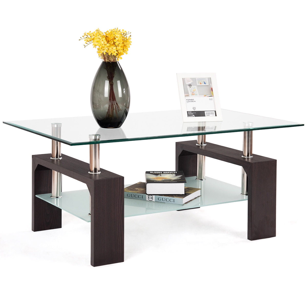 Costway Rectangular Tempered Glass Coffee Table w Shelf Wood Living Room Furniture by Costway