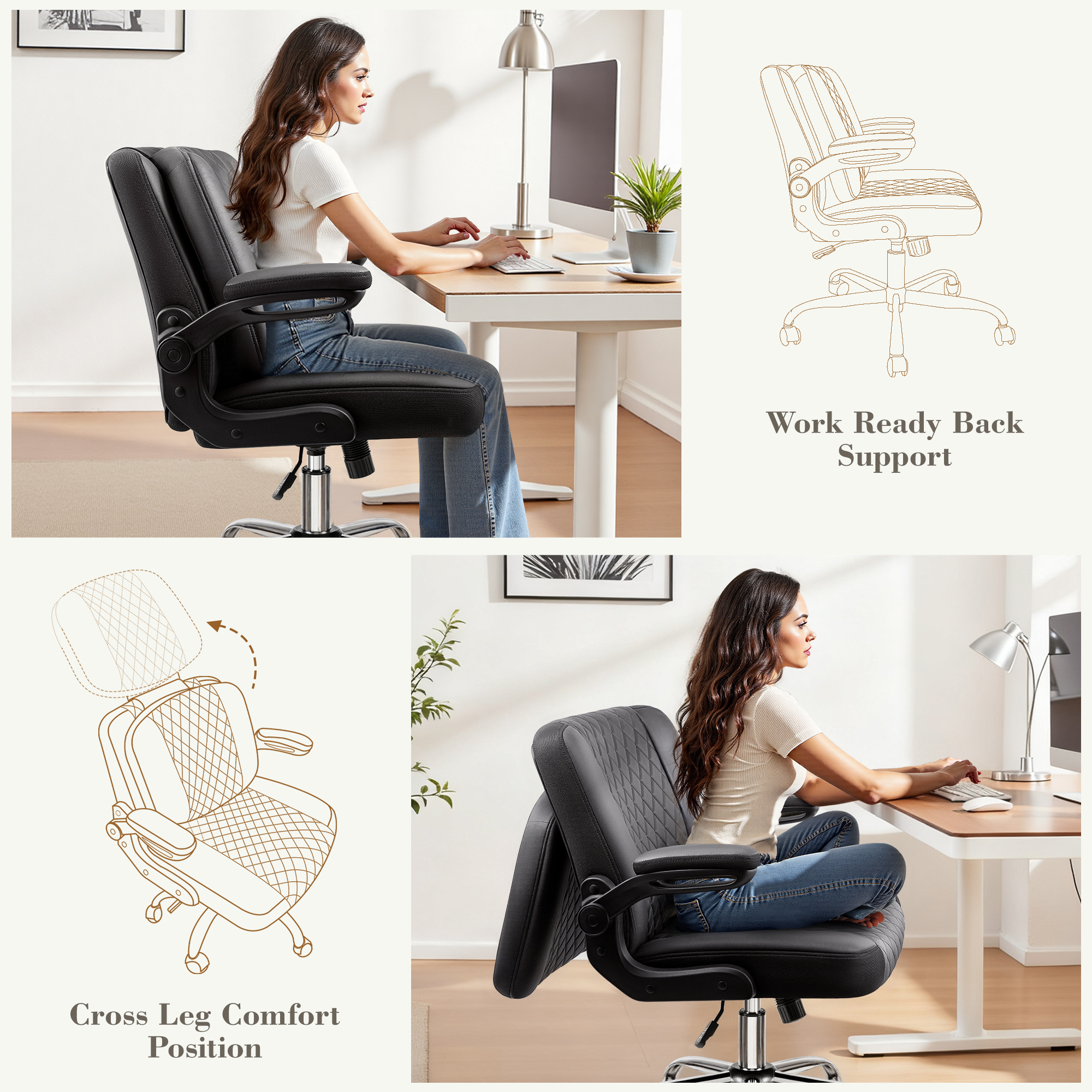 Primy Criss Cross Office Chair with 2-in-1 Flip Backrest, Ergonomic PU Leather Floor Sitting Chair, 360° Swivel Flip-Up Arms, Extra-Wide Seat