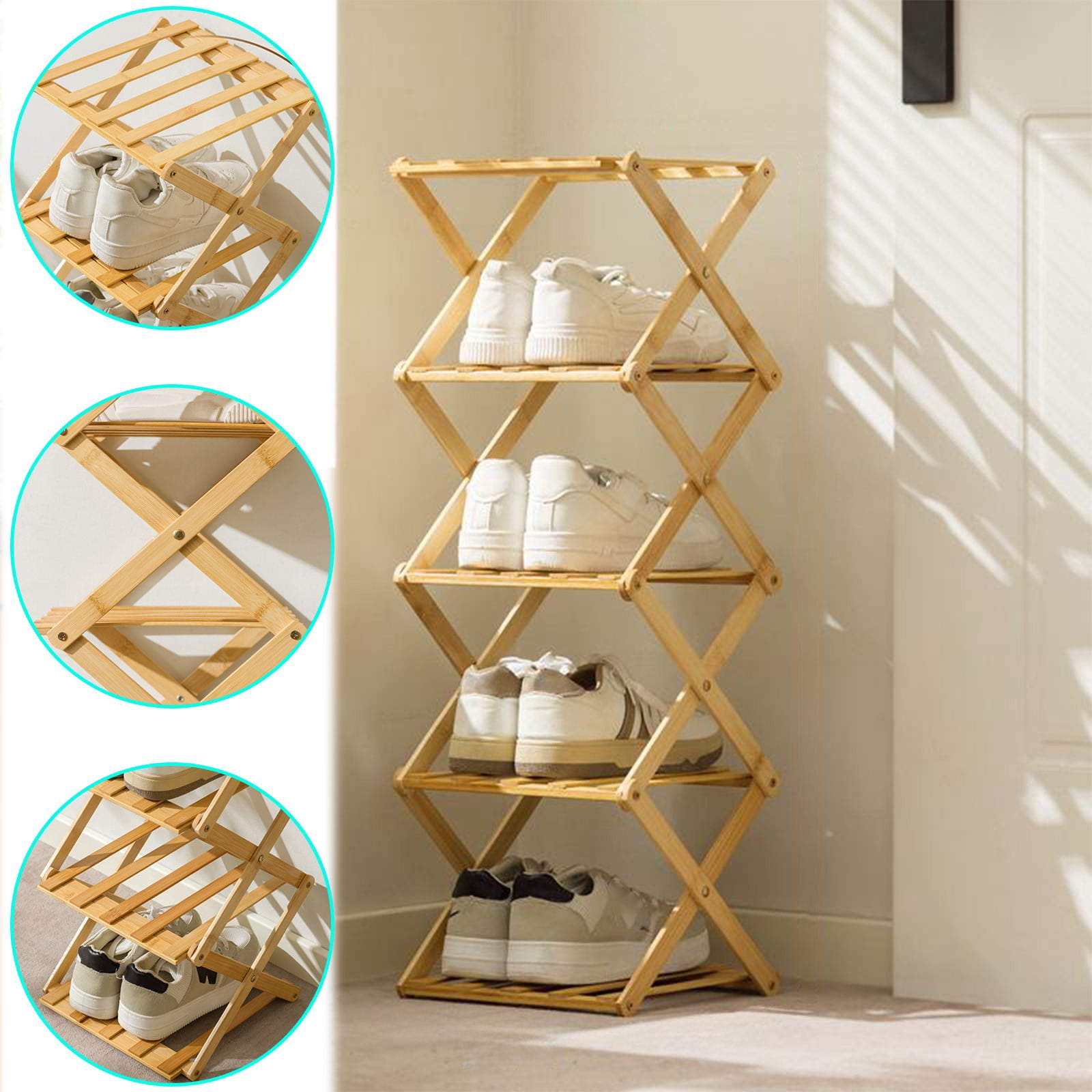 Foldable Wooden Shoe Rack, No Assembly Multi-Tier Entryway Space-Saving Shoe Storage Shelf for Home